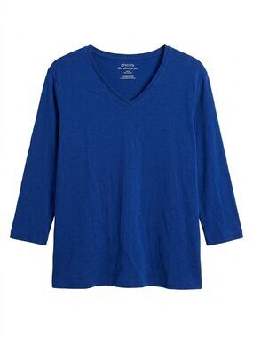 Chico's The Ultimate Tee | Cobalt Blue V-Neck 3/4 Sleeve Cotton Top Sz 2 (12-14)